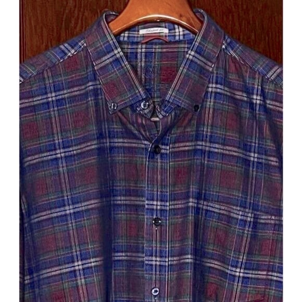 BUGATCHI SHIRT LT WEIGHT PLAID FINE WALE CORDUROY SHAPED FIT BLUE RED GREEN XL